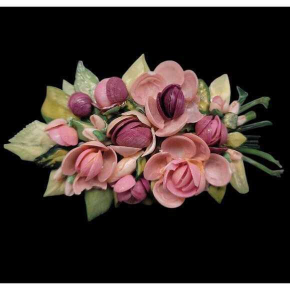 Carved Shell & Resin Bouquet Brooch Intricate Detail Pink & Purple Vintage Pin - Picture 1 of 15